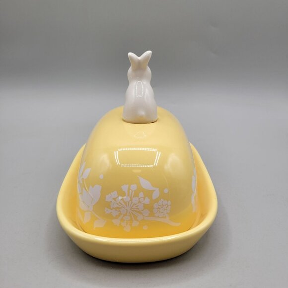 Rare Rae Dunn Magenta Exclusive Yellow Ceramic Butter Dish Bunny Knob Floral - Picture 4 of 10